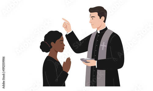 Priest Applying Ash Cross on Woman's Forehead for Ash Wednesday