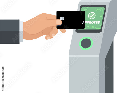 Flat vector illustration of a hand using a black chip card for a contactless transaction. Displays message with a green checkmark on the screen, ideal for fintech apps, digital banking UI, and modern