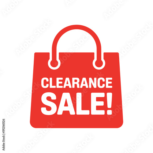 Red shopping bag icon with clearance sale text on white background