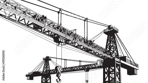 Silhouetted construction cranes tower over a steel framework at a dynamic building site in monochrome.
