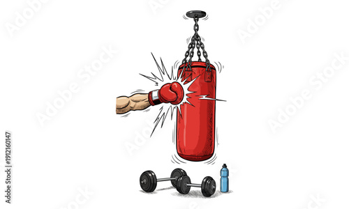 Boxing Glove Punching Red Heavy Bag Vintage Hand Drawn Illustration