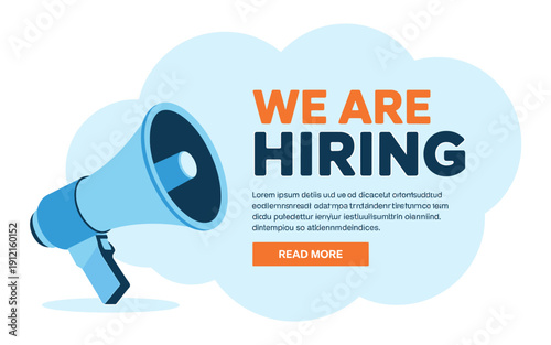 Blue megaphone with we are hiring text on a cloud shaped speech bubble
