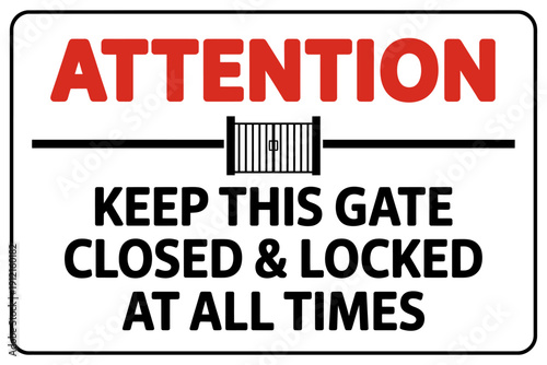 Warning sign with gate and attention text on white background