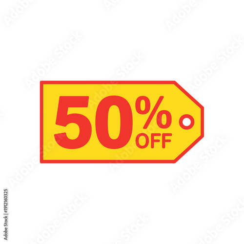 Yellow tag with fifty percent off sale discount in red letters