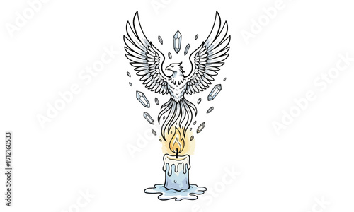 Phoenix Bird rising above burning Candle with floating Crystals Art