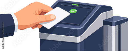Hand tapping a contactless smart card on a modern access terminal. Features a green checkmark indicating successful validation, ideal for office security, transit systems, and smart building UI design