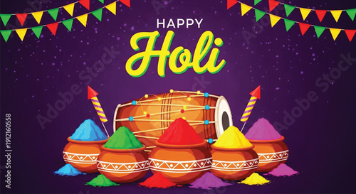 A vibrant illustration wishing 'Happy Holi' featuring a traditional Dhol drum surrounded by earthen pots filled with brightly colored Holi powders (Gulal) against a dark purple, starry background.