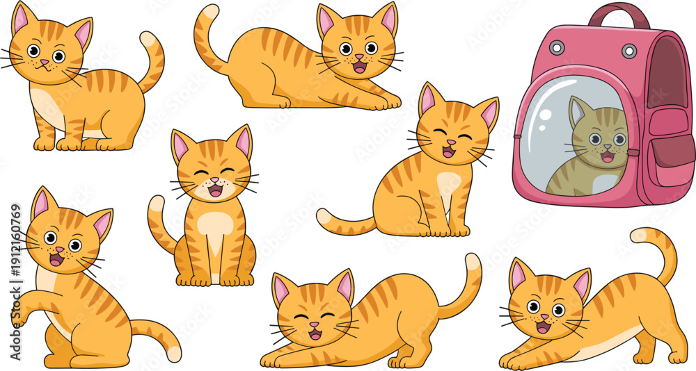 Obraz premium Cute happy ginger cat character set with expressive faces, adorable orange tabby kitten vector illustrations including pink travel carrier backpack and playful poses.