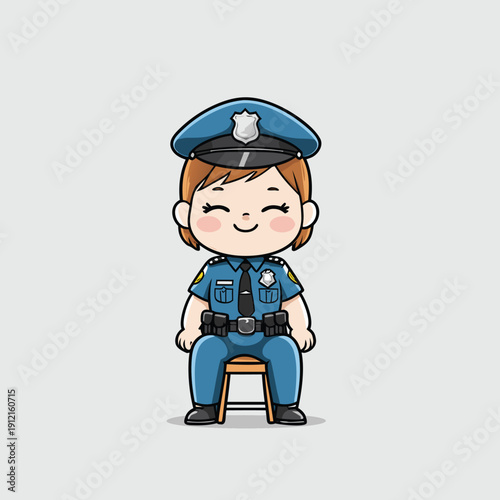 Cute chibi police officer character sitting down and smiling.