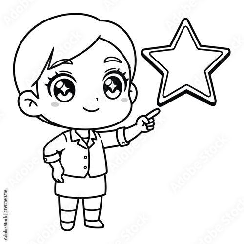 Cute chibi girl pointing at a star black and white line art illustration.
