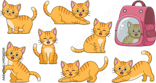 Cute happy ginger cat character set with expressive faces, adorable orange tabby kitten vector illustrations including pink travel carrier backpack and playful poses.