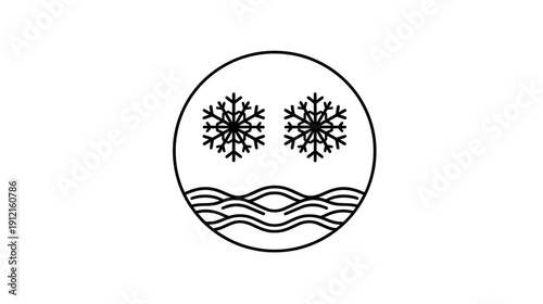 Minimalist outline icon of two snowflakes over wavy lines, symbolizing cold water, winter weather, freezing temperatures, or refrigeration.
