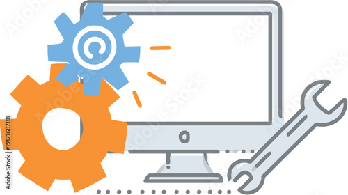 Computer Repair and Maintenance Service Icon. PC Setup, Optimization, and Technical Support Illustration with Gears and Wrench