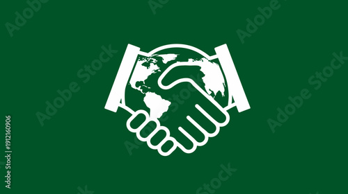 Vector icon of a global handshake on a green background, symbolizing international cooperation, partnership, unity, and sustainability.