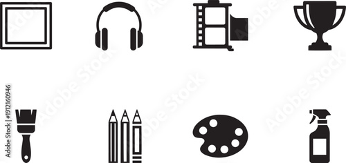 Set of vector silhouette design icons for creative industry bundle of 8 symbols