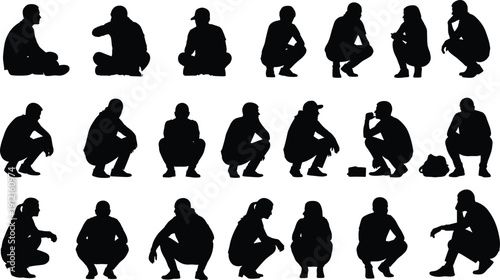 Silhouette collection of men and women sitting squatting and crouching on ground isolated on white background for people.