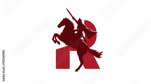 Bold Red Equestrian Warrior Silhouette on Rearing Horse with a Stylized Letter R Graphic Design Element