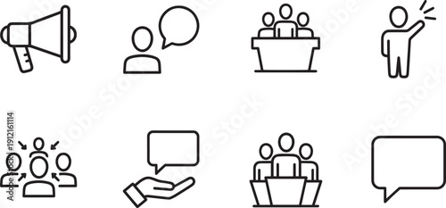 Set of vector silhouette design icons for communication teamwork and presentation bundle of 8