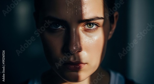 Intense close-up portrait of a determined woman with sweat glistening on her face in dramatic lighting