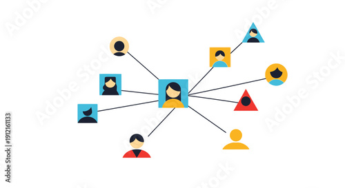 A central figure connects to diverse profiles and icons in a stylized network illustration