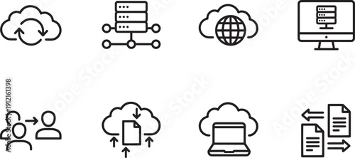 Set of vector silhouette design icons for cloud computing and network technology bundle