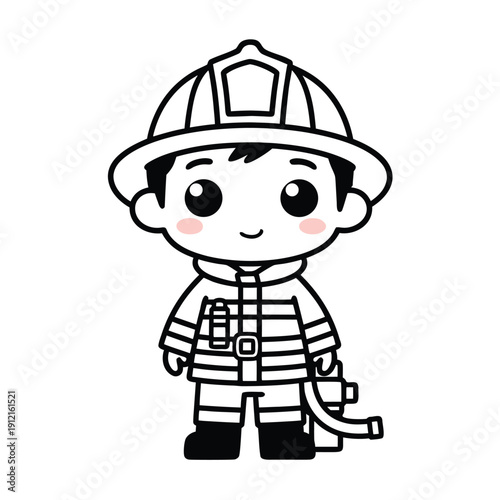 Cute Kawaii Firefighter Character in Outline Style.