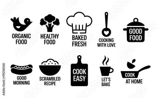 Black silhouettes of cooking and food related icons and phrases on white background