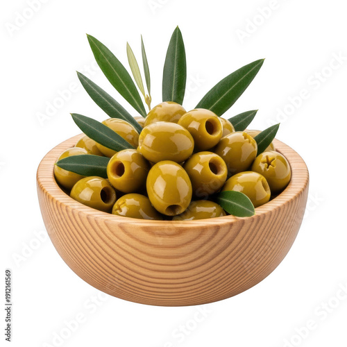 Wooden bowl of olives isolated on transparent background