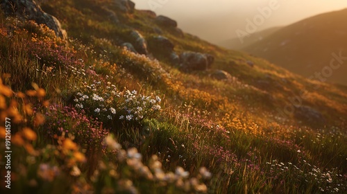 Golden Hour Meadow: An idyllic view of a flower-covered meadow illuminated by the warm light of the golden hour, with rolling hills and a tranquil atmosphere.