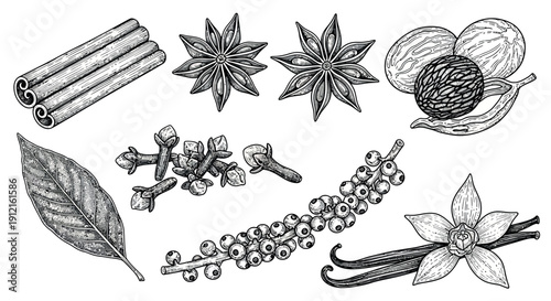 Engraved illustration of various aromatic spices including cinnamon, star anise, cloves, nutmeg, black pepper, bay leaf, and vanilla.