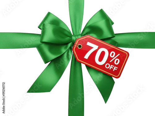 Green ribbon bow with 70% off tag isolated on transparent background