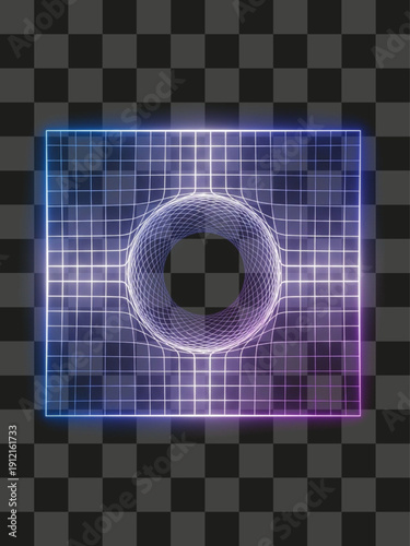 Wireframe Grid rectangular surface warp sphere tunnel glowing purple and blue neon vector illustration
