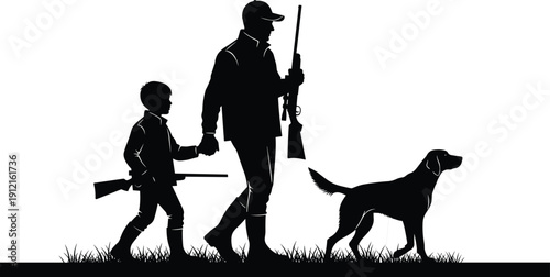 Silhouette of hunter father and son walking with hunting dog and rifle gun isolated on white background for lifestyle.