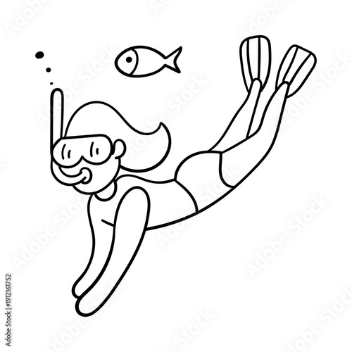 Snorkeler Swimming with Fish Line Icon – Summer Water Sport Outline Illustration