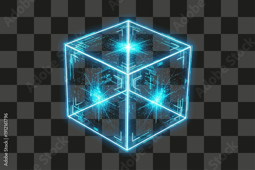 Digital Cube Virtual Three-Dimensional Geometric Box Technology Element Glowing Bright Cyan Blue