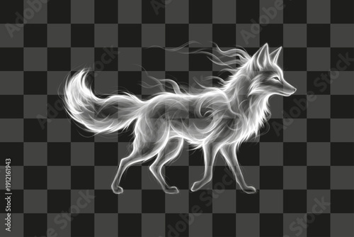 Smoke Fox Mythological Spirit Creature Walking Silhouette Digital Illustration White Ethereal Glowing Vector Graphic