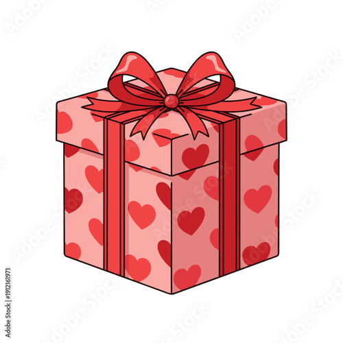 Valentine’s gift box with heart pattern, saturated red and pink colors, on white background with copy space
