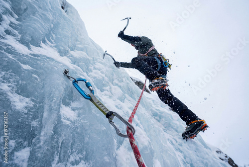 Ice climber ascending frozen waterfall using ice axes and crampons during extreme winter expedition. Brave athlete climbing steep icy wall with professional gear for sport, adventure and risk concept.