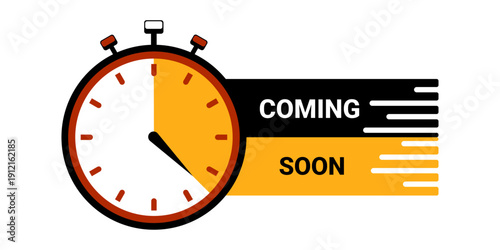 Coming soon concept banner with stopwatch and speed lines. Vector illustration featuring a clock icon and "Coming Soon" text for product launches, events, and marketing announcements.