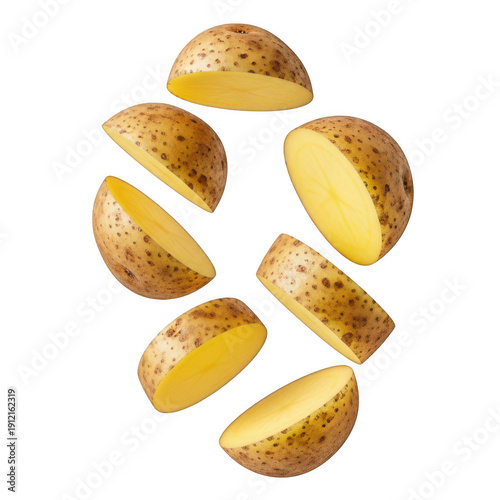 Floating potato slices isolated on transparent background