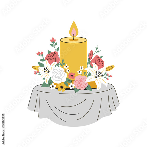 Memorial candle with flowers on cloth, simple and solemn, on white background with copy space