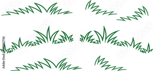 Green grass border collection with hand drawn lawn edges and natural foliage silhouettes. Seamless decorative meadow elements isolated on white background. Organic garden frame design for spring and l
