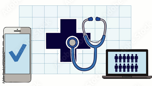 Digital healthcare technology concept with stethoscope, smartphone, laptop and checkmark on white background