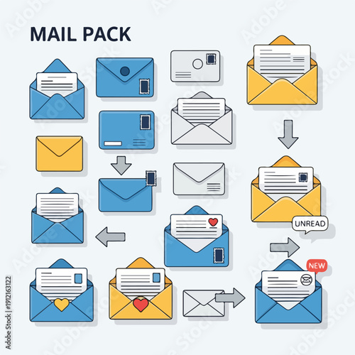 Email icons and mail pack with opened and closed envelopes