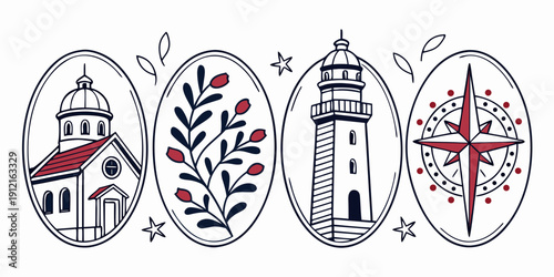 Obraz na płótnie Four oval icons with a lighthouse, leaves, another lighthouse and a cross Vector