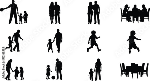 Family life silhouette vector illustration, adults and children in daily activities including play, companionship, and mealtime - flat vector illustration
