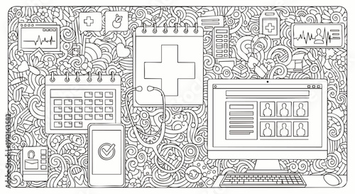 Digital healthcare technology and medical services with icons of calendar, computer, smartphone, stethoscope and heartbeat monitor