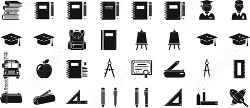 Education and school supplies icon vector illustration, books, notebooks, graduation caps, backpack, bus, apple, compass, rulers - flat vector illustration