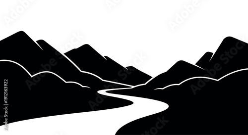 Mountain landscape silhouette with serene river in minimalist black and white illustration for outdoor adventure