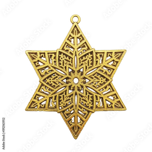Golden star shaped pendant with intricate design isolated on transparent background